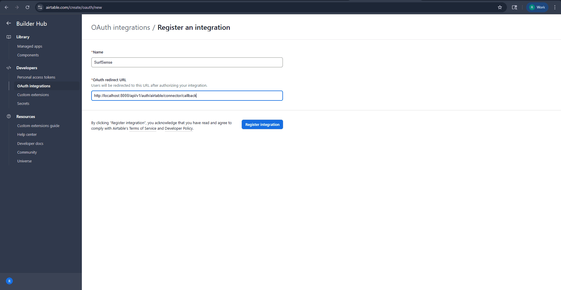 Register Integration Form