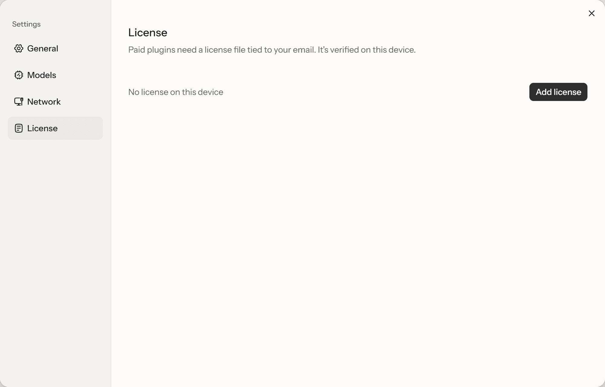SurfSense Settings open on License, reading "No license on this device" beside an Add license button.