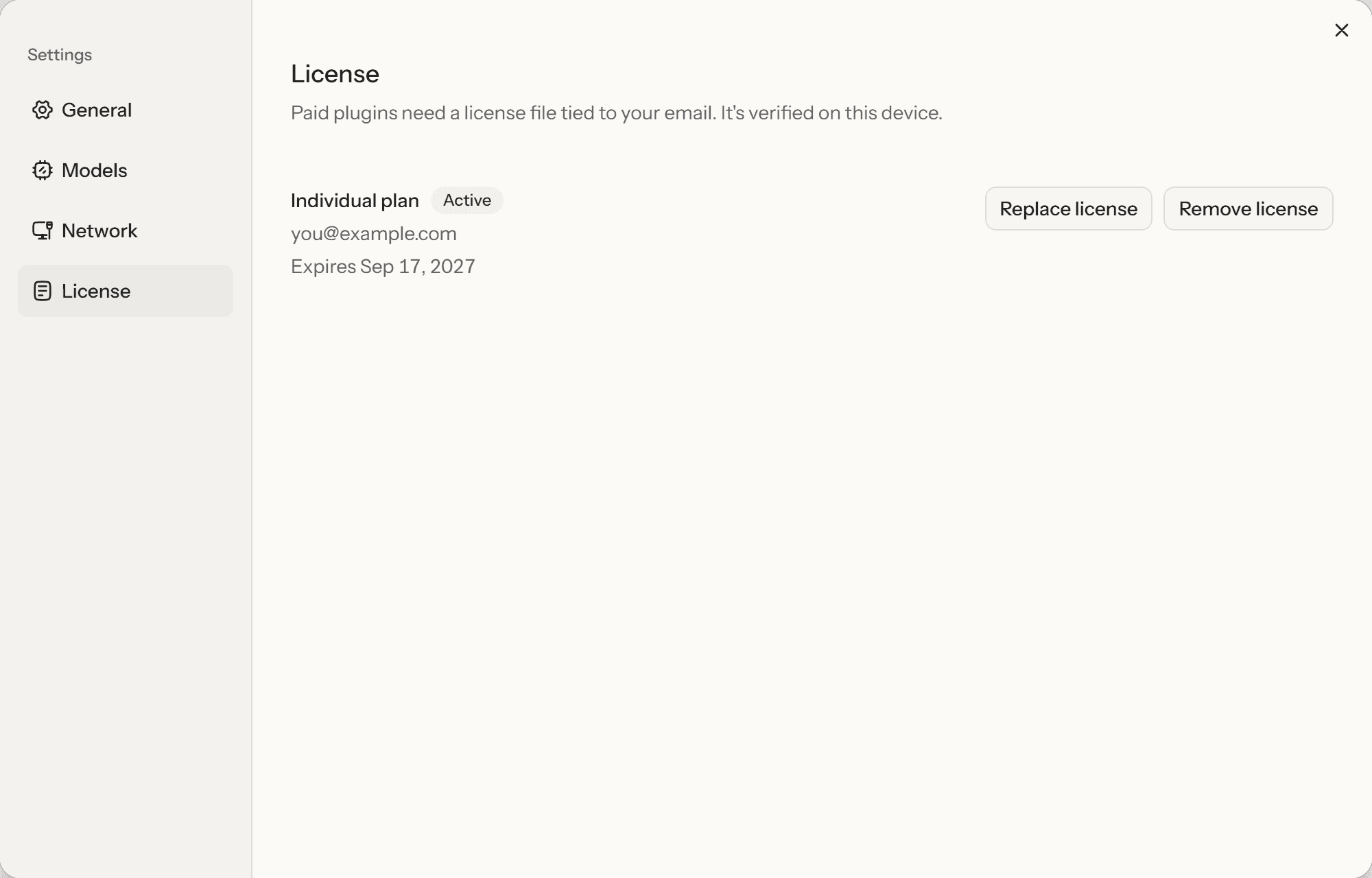 The License section showing an Individual plan with an Active badge, the licensee email and an expiry date.