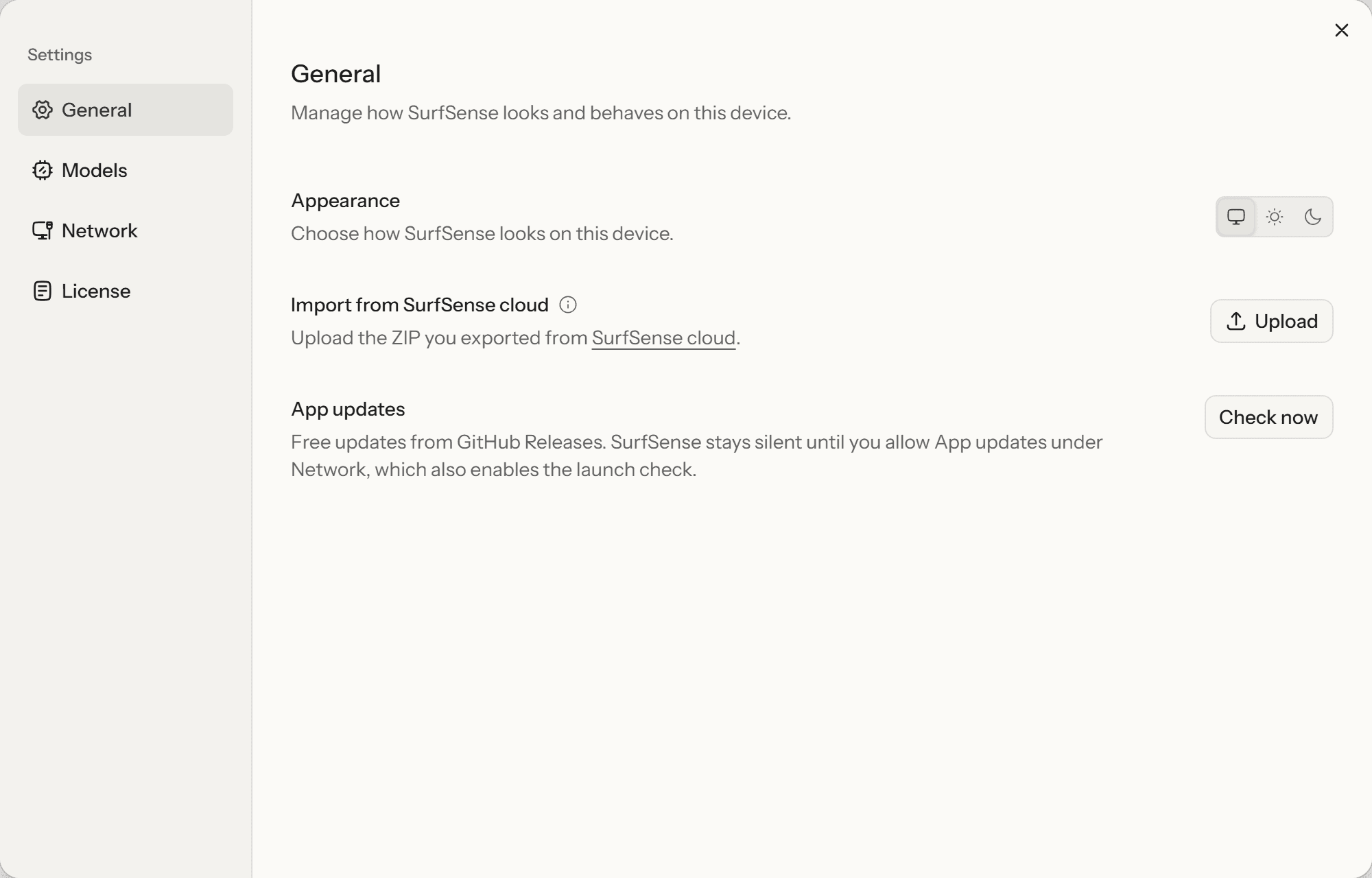 SurfSense Settings open on General, showing an "Import from SurfSense cloud" row with an Upload button.