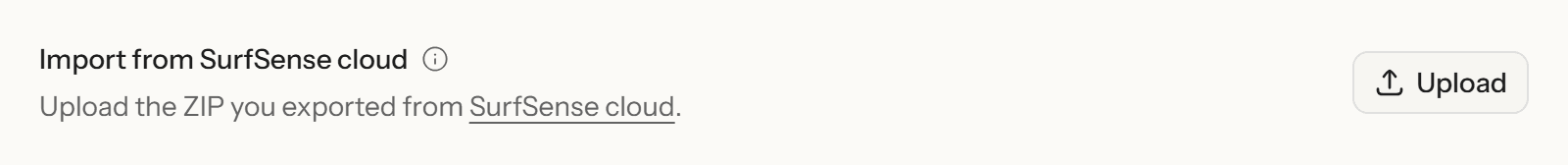 The "Import from SurfSense cloud" row and its Upload button, close up.